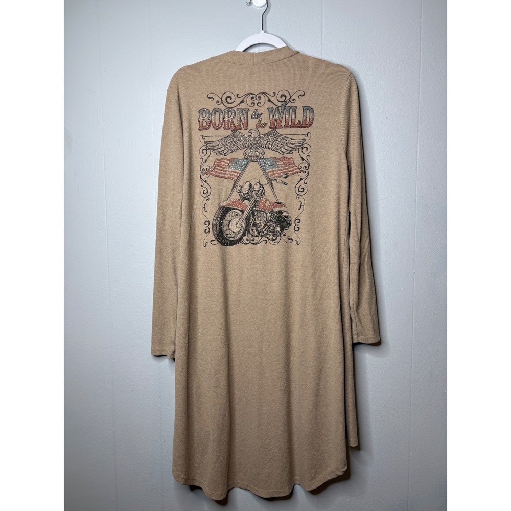 Vocal Born to be Wild Rhinestone Graphic Ribbed Duster Cardigan Tan Large 16650C